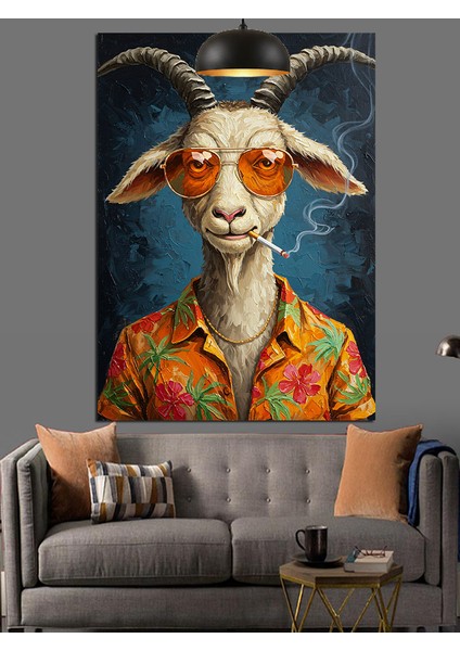 Boynuzlu Keçi Gözlüklü Figür Dekoratif Kanvas - Mdf Ahşap Tablo