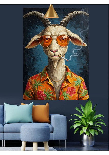 Boynuzlu Keçi Gözlüklü Figür Dekoratif Kanvas - Mdf Ahşap Tablo fiyatları