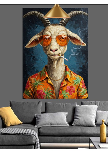 Boynuzlu Keçi Gözlüklü Figür Dekoratif Kanvas - Mdf Ahşap Tablo fırsatları