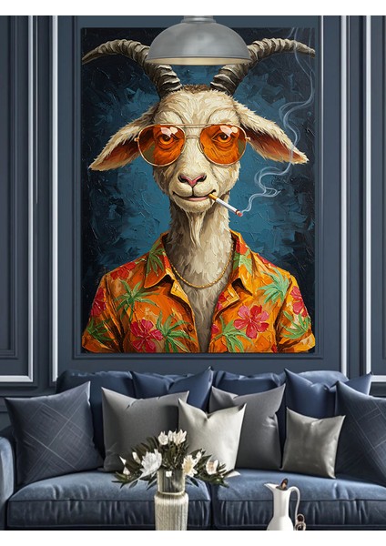 Boynuzlu Keçi Gözlüklü Figür Dekoratif Kanvas - Mdf Ahşap Tablo indirimleri