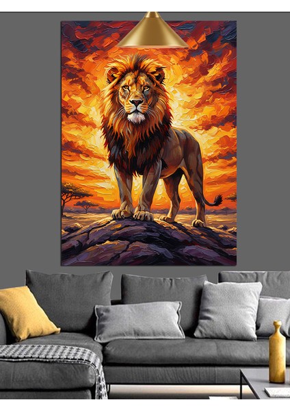 Ateşli Güneşl Fonlu Aslan Portresi Dekoratif Kanvas - Mdf Ahşap Tablo