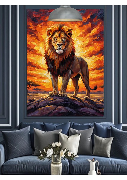 Ateşli Güneşl Fonlu Aslan Portresi Dekoratif Kanvas - Mdf Ahşap Tablo fiyatları