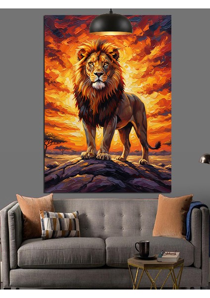 Ateşli Güneşl Fonlu Aslan Portresi Dekoratif Kanvas - Mdf Ahşap Tablo modelleri