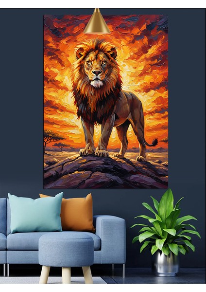 Ateşli Güneşl Fonlu Aslan Portresi Dekoratif Kanvas - Mdf Ahşap Tablo fırsatları