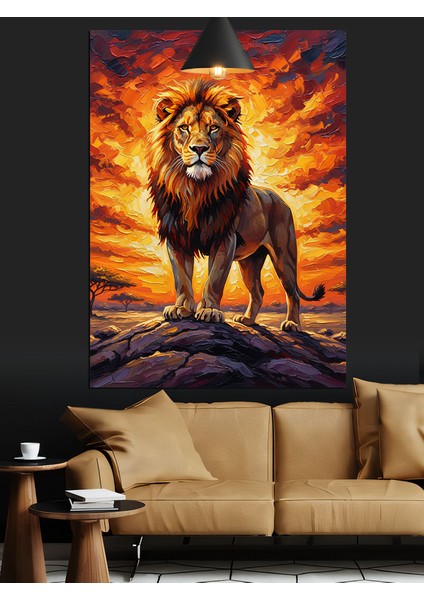 Ateşli Güneşl Fonlu Aslan Portresi Dekoratif Kanvas - Mdf Ahşap Tablo indirimleri