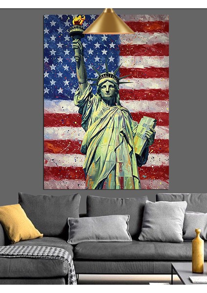 Amerika Bayrağı Özgürlük Heykeli Dekoratif Kanvas - Mdf Ahşap Tablo
