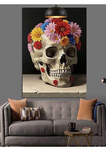 Çiçekli Kuru Kafa Figürü Dekoratif Kanvas - Mdf Ahşap Tablo