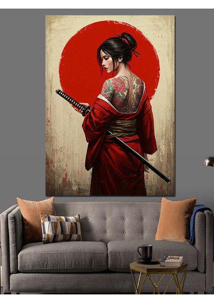 Dövme Japon Kadın Kılıç Dekoratif Kanvas - Mdf Ahşap Tablo