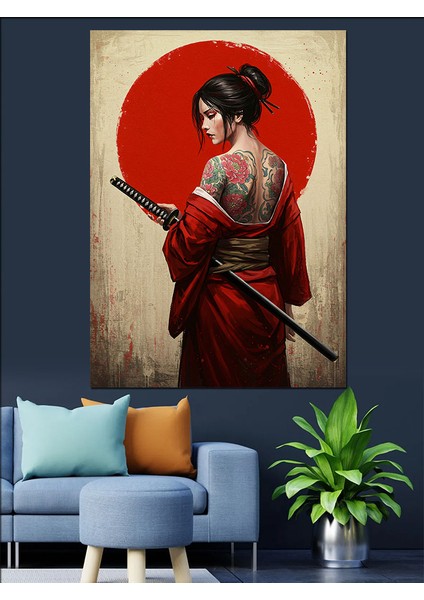 Dövme Japon Kadın Kılıç Dekoratif Kanvas - Mdf Ahşap Tablo fırsatları