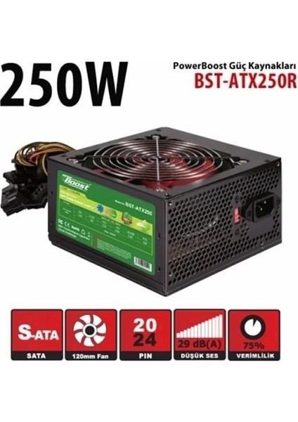 Powerboost BST-ATX250R 250W Atx Psu 12 cm Kırmızı Fan Retaıl Box (Kutulu)
