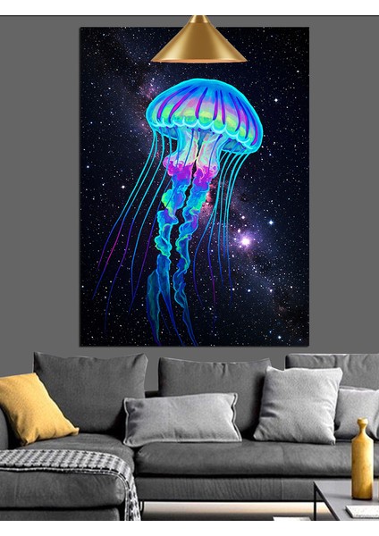 Parlak Mavi Denizanası Hayvan Figürü Koyu Fon Dekoratif Kanvas - Mdf Ahşap Tablo fiyatları