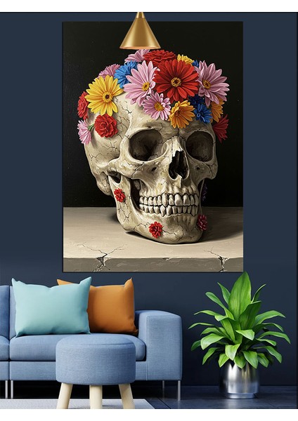 Çiçekli Kuru Kafa Figürü Dekoratif Kanvas - Mdf Ahşap Tablo fiyatları