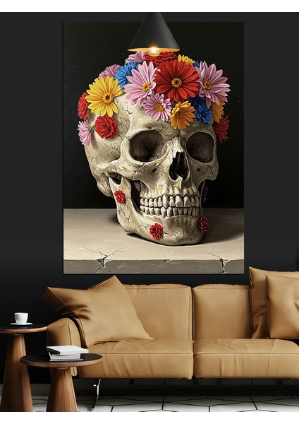 Çiçekli Kuru Kafa Figürü Dekoratif Kanvas - Mdf Ahşap Tablo modelleri