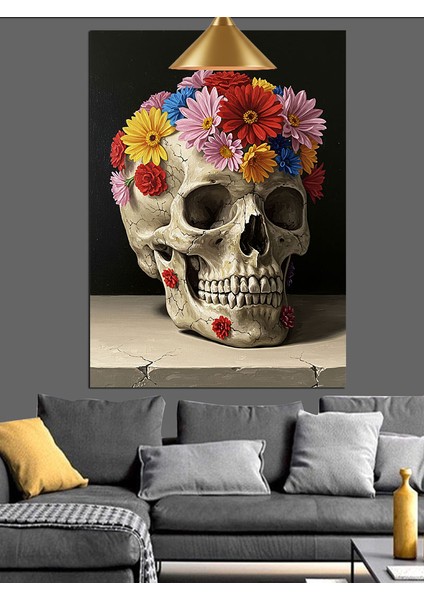 Çiçekli Kuru Kafa Figürü Dekoratif Kanvas - Mdf Ahşap Tablo fırsatları