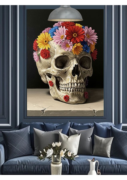 Çiçekli Kuru Kafa Figürü Dekoratif Kanvas - Mdf Ahşap Tablo indirimleri