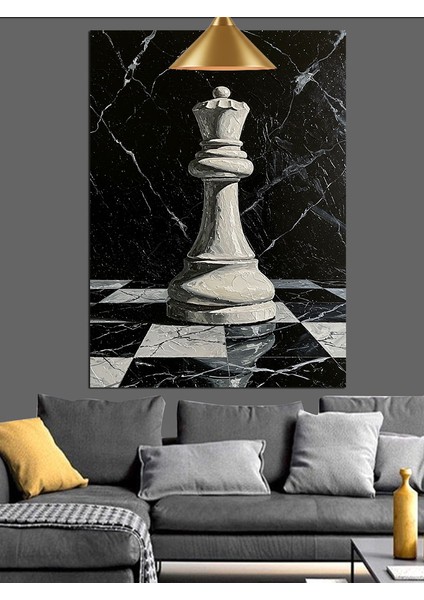 Satranç Vezir Taş Figürü Siyah Beyaz Dekoratif Kanvas - Mdf Ahşap Tablo