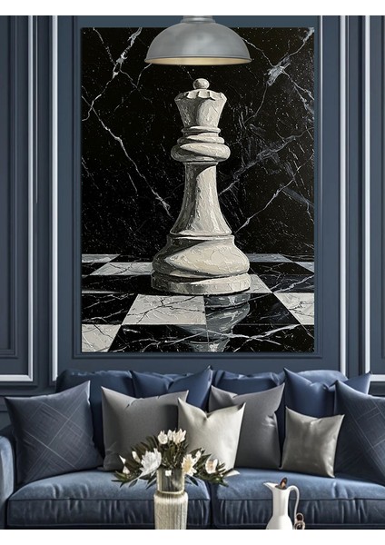 Satranç Vezir Taş Figürü Siyah Beyaz Dekoratif Kanvas - Mdf Ahşap Tablo fiyatları