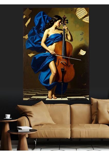Çello Çalan Mavi Elbiseli Kadın Dekoratif Kanvas - Mdf Ahşap Tablo