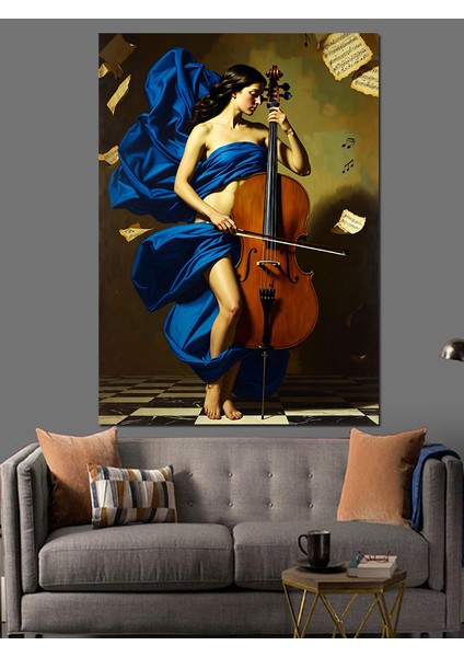 Çello Çalan Mavi Elbiseli Kadın Dekoratif Kanvas - Mdf Ahşap Tablo fiyatları