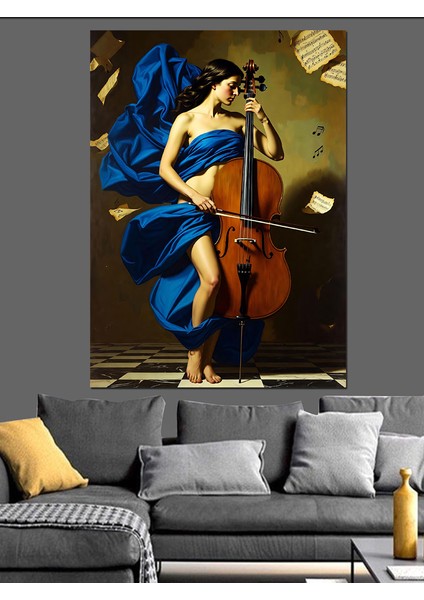 Çello Çalan Mavi Elbiseli Kadın Dekoratif Kanvas - Mdf Ahşap Tablo modelleri