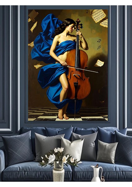 Çello Çalan Mavi Elbiseli Kadın Dekoratif Kanvas - Mdf Ahşap Tablo fırsatları