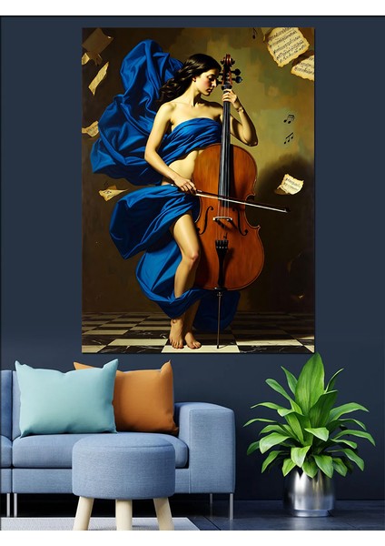 Çello Çalan Mavi Elbiseli Kadın Dekoratif Kanvas - Mdf Ahşap Tablo indirimleri