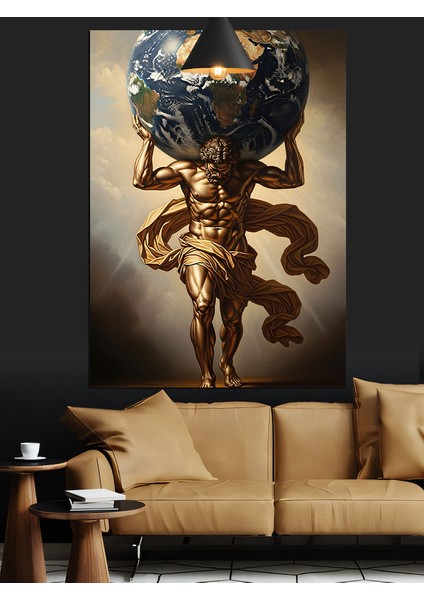 Altın Atlas Figürü Dünya Taşıyor Dekoratif Kanvas - Mdf Ahşap Tablo