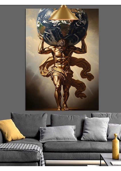 Altın Atlas Figürü Dünya Taşıyor Dekoratif Kanvas - Mdf Ahşap Tablo fiyatları
