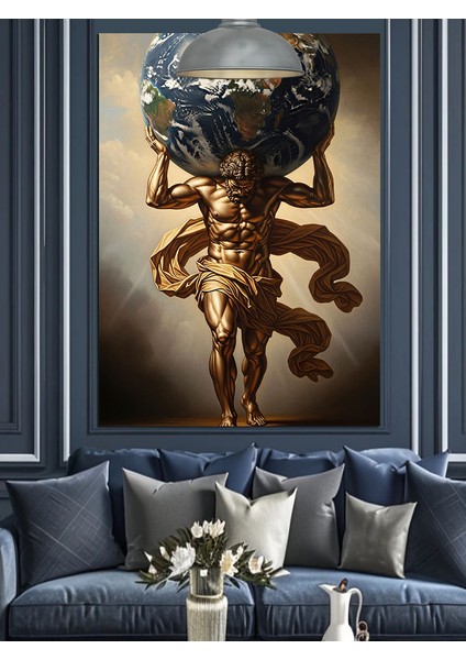 Altın Atlas Figürü Dünya Taşıyor Dekoratif Kanvas - Mdf Ahşap Tablo modelleri