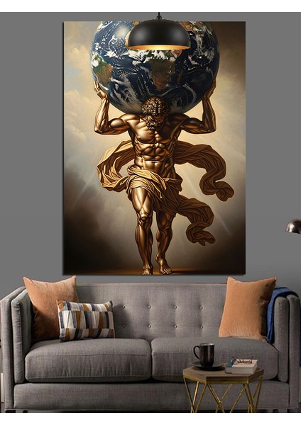Altın Atlas Figürü Dünya Taşıyor Dekoratif Kanvas - Mdf Ahşap Tablo fırsatları