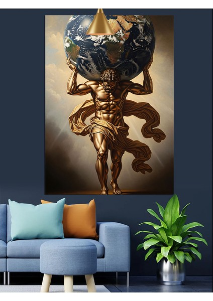 Altın Atlas Figürü Dünya Taşıyor Dekoratif Kanvas - Mdf Ahşap Tablo indirimleri