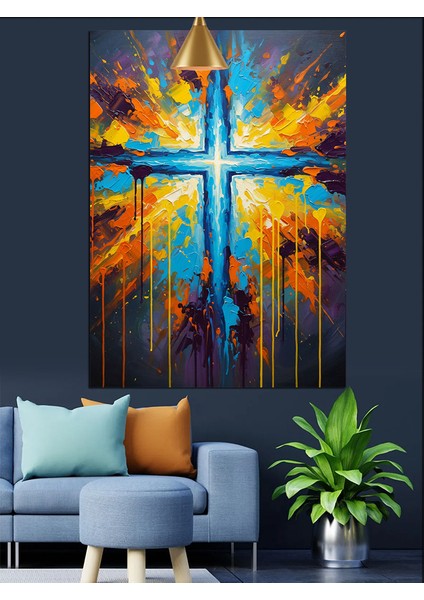Mavi Kutsal Işıklı Haç Sembolü Dekoratif Kanvas - Mdf Ahşap Tablo