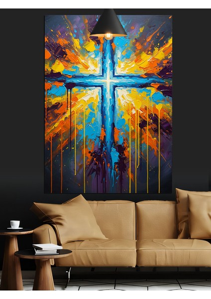 Mavi Kutsal Işıklı Haç Sembolü Dekoratif Kanvas - Mdf Ahşap Tablo fiyatları