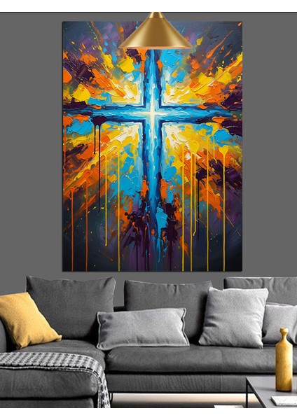 Mavi Kutsal Işıklı Haç Sembolü Dekoratif Kanvas - Mdf Ahşap Tablo modelleri
