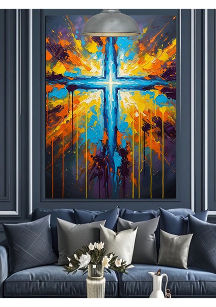 Mavi Kutsal Işıklı Haç Sembolü Dekoratif Kanvas - Mdf Ahşap Tablo fırsatları