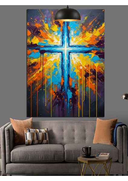 Mavi Kutsal Işıklı Haç Sembolü Dekoratif Kanvas - Mdf Ahşap Tablo indirimleri