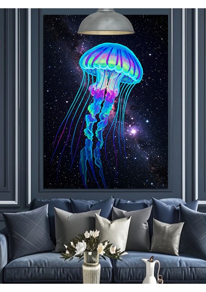 Parlak Mavi Denizanası Hayvan Figürü Koyu Fon Dekoratif Kanvas - Mdf Ahşap Tablo modelleri