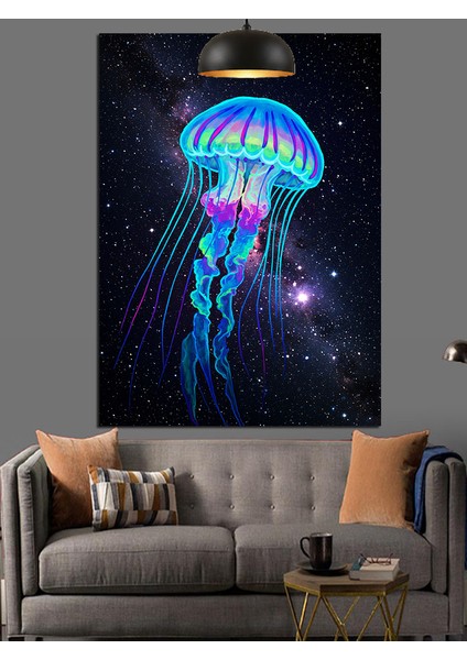 Parlak Mavi Denizanası Hayvan Figürü Koyu Fon Dekoratif Kanvas - Mdf Ahşap Tablo fırsatları