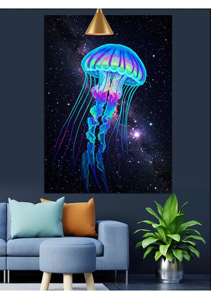 Parlak Mavi Denizanası Hayvan Figürü Koyu Fon Dekoratif Kanvas - Mdf Ahşap Tablo indirimleri