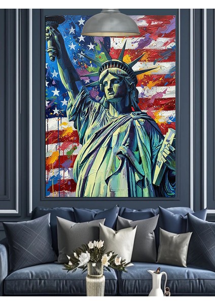 Amerika Bayrağı Özgürlük Heykeli Dekoratif Kanvas - Mdf Ahşap Tablo