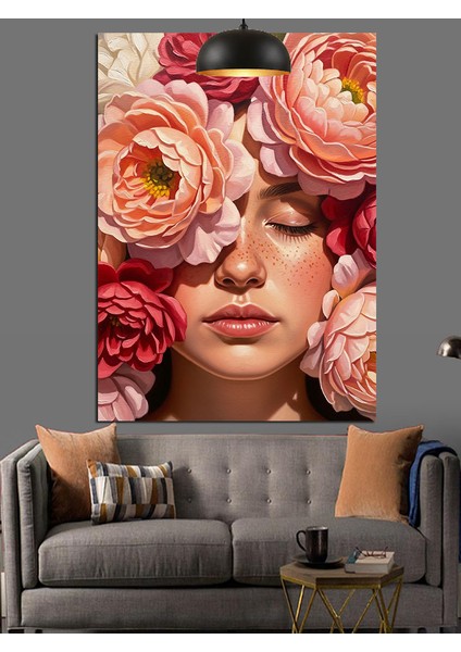 Kırmızı Güller Kadın Yüzü Dekoratif Kanvas - Mdf Ahşap Tablo