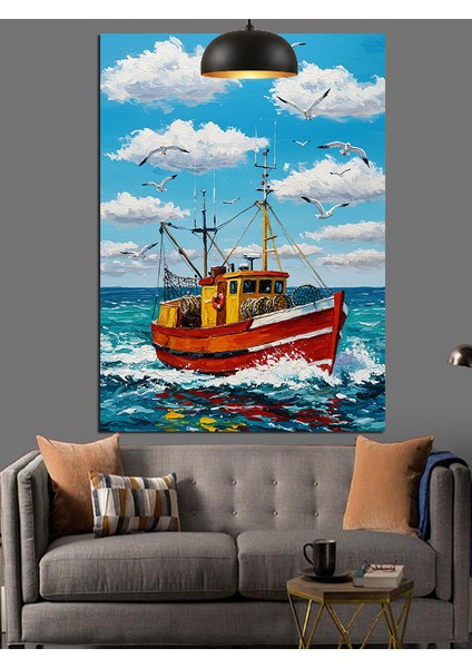 Kırmızı Balıkçı Teknesi Denizde Sallanıyor Dekoratif Kanvas - Mdf Ahşap Tablo