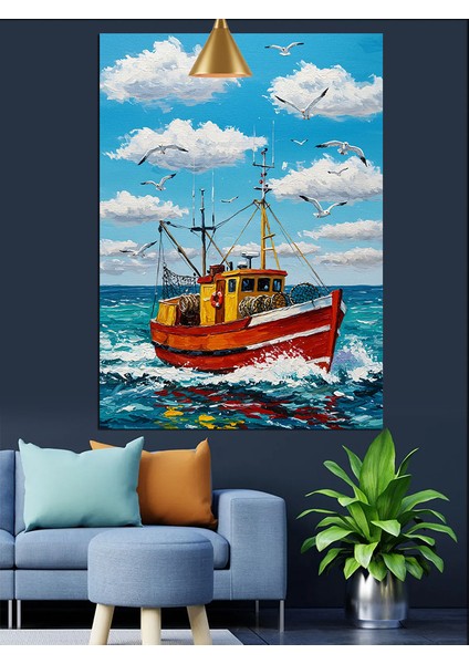 Kırmızı Balıkçı Teknesi Denizde Sallanıyor Dekoratif Kanvas - Mdf Ahşap Tablo fiyatları