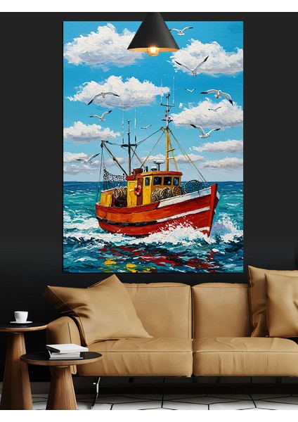 Kırmızı Balıkçı Teknesi Denizde Sallanıyor Dekoratif Kanvas - Mdf Ahşap Tablo modelleri