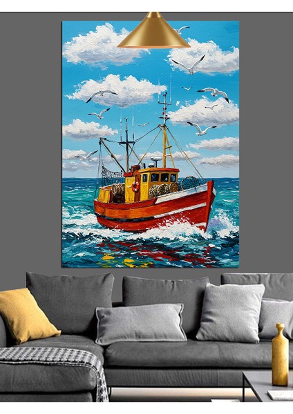 Kırmızı Balıkçı Teknesi Denizde Sallanıyor Dekoratif Kanvas - Mdf Ahşap Tablo fırsatları
