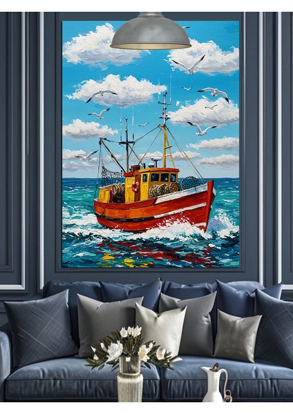 Kırmızı Balıkçı Teknesi Denizde Sallanıyor Dekoratif Kanvas - Mdf Ahşap Tablo indirimleri