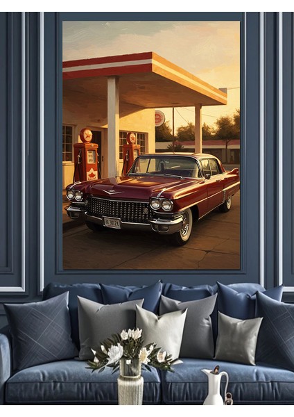 Klasik Araba Benzin Istasyonu Dekoratif Kanvas - Mdf Ahşap Tablo