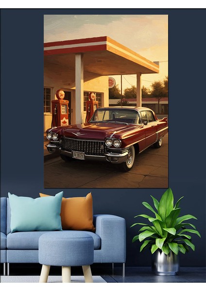Klasik Araba Benzin Istasyonu Dekoratif Kanvas - Mdf Ahşap Tablo fiyatları