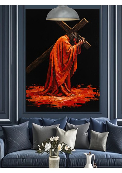 Haç Taşıyan Isa Figürü Dekoratif Kanvas - Mdf Ahşap Tablo