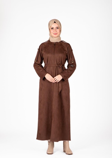 Omuz ve Kolları Detaylı Kahve Süet Ferace 9469